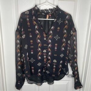 Pilcro Anthropologie Black Aztec Motif Button Down Blouse M